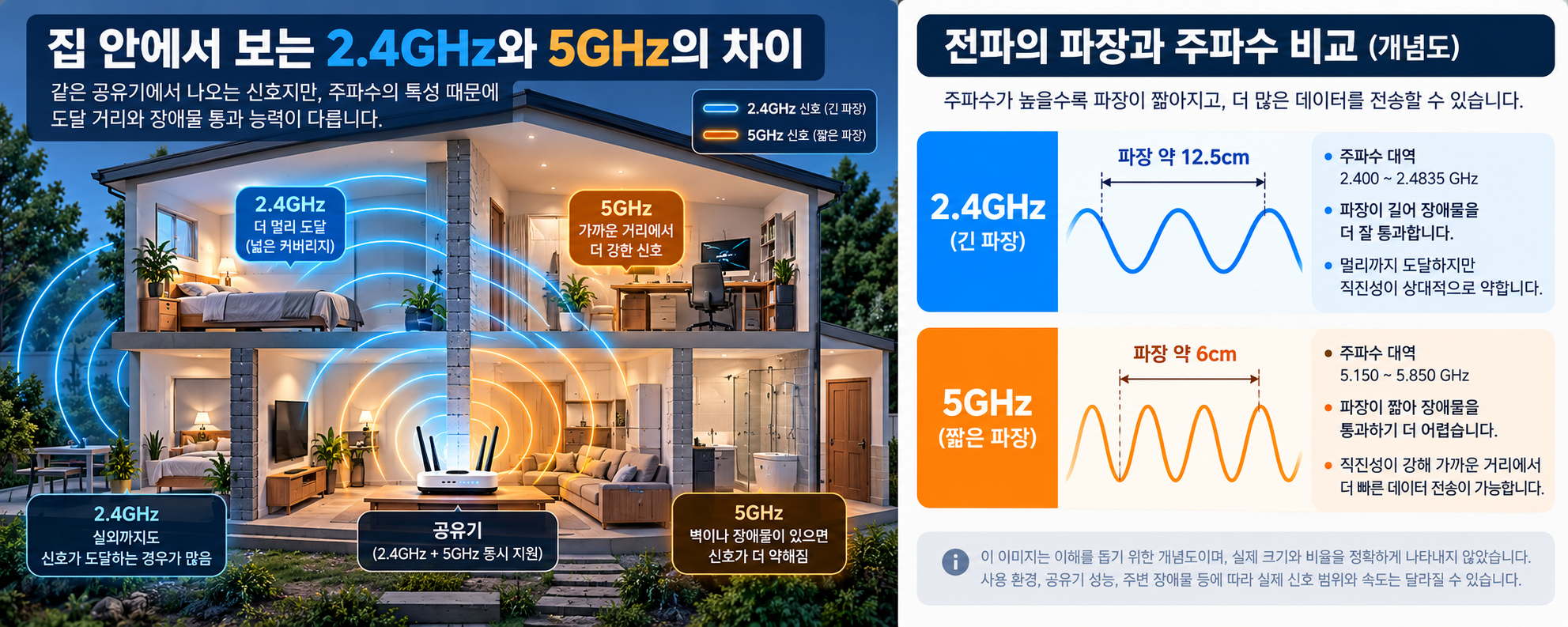 집 내부에서 2.4GHz와 5GHz 신호의 도달 특성과 파장을 비교하는 AI 개념도